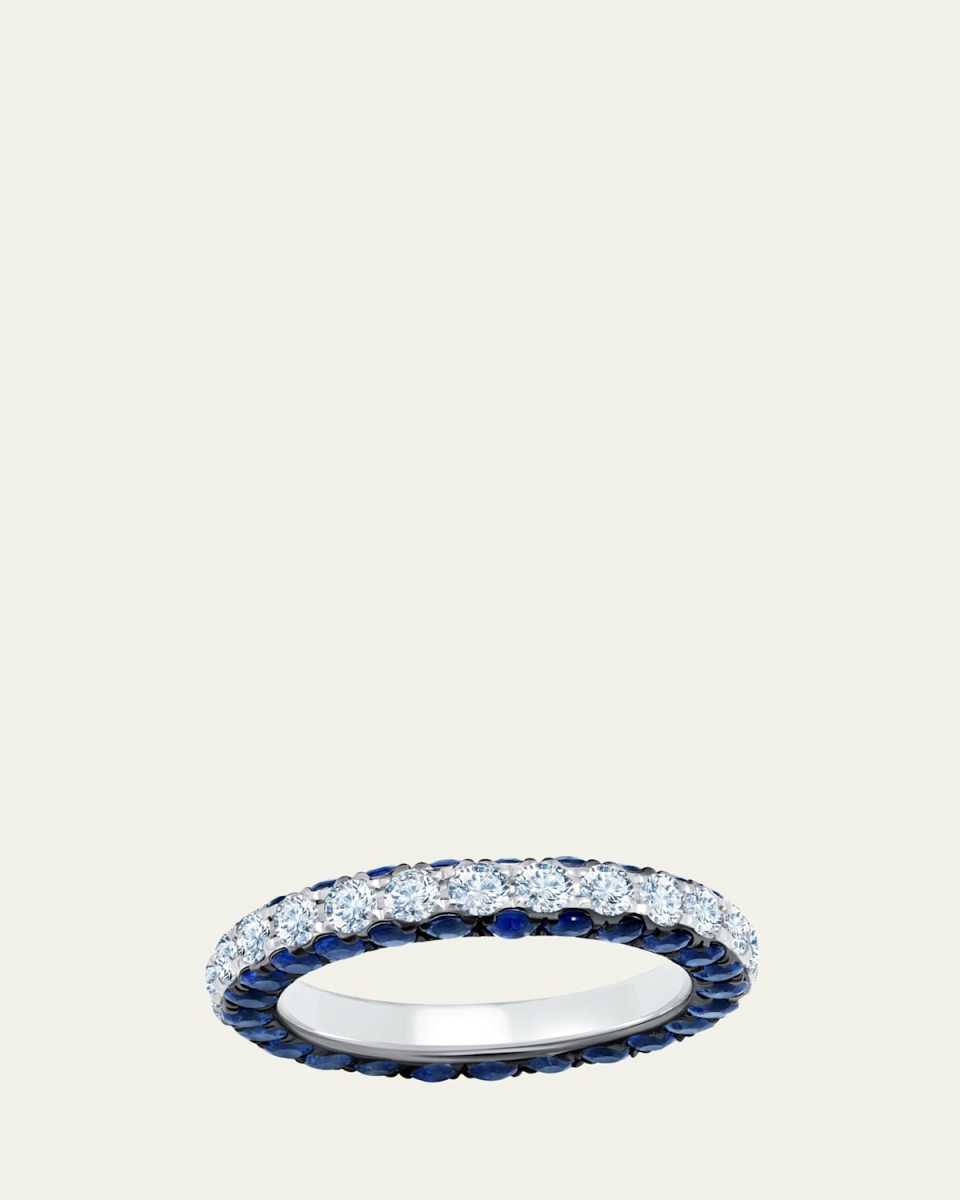 18K White Gold 3-Sided Diamond and Blue Sapphire Band Ring, Size